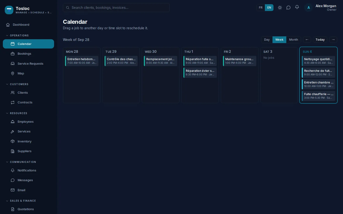 Weekly calendar with visits and assigned technicians.